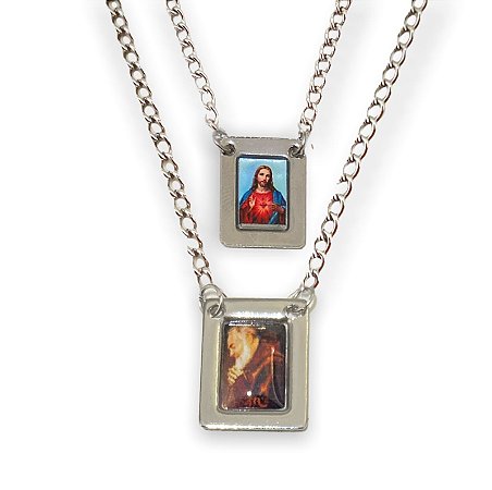 Escapulario Aço Inox Padre Pio e  Sagrado Coração de Jesus