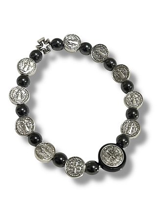 Pulseira Hematita Crucifixo de São Bento Prata Dupla Face