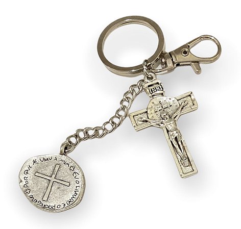 Chaveiro Mosquetão Medalha São Bento Duas Cruzes Crucifixo