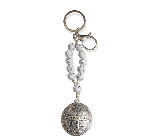 Chaveiro Mosquetão 3D Medalha de São Bento Branco