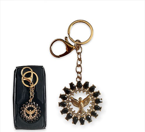 Chaveiro Strass Preto Metal Dourado Divino Espirito Santo