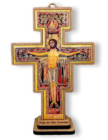 Crucifixo Cruz de São Damião Mesa e Parede Madeira Resinada 23cm