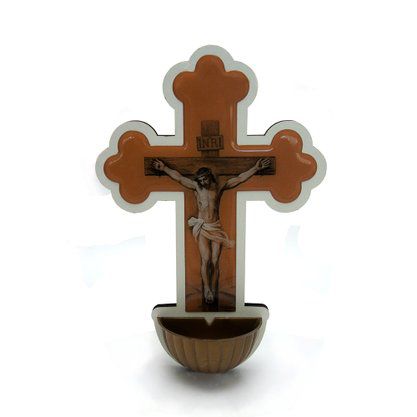 Crucifixo Pia Água Benta em Madeira MDF Branco 20cm