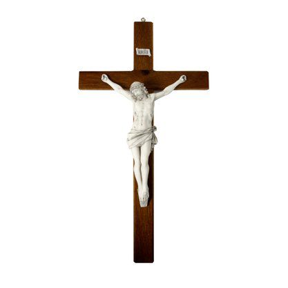 Crucifixo Cruz de Parede em Madeira e Cristo em Mármore 53cm