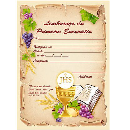24 Certificado Lembrança de Primeira Eucaristia 27 cm