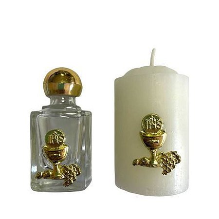Kit Eucaristia Dourado Agua Benta e Vela 6cm