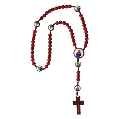 Terço Sagrado Coração de Jesus e Maria Madeira 8mm 40cm