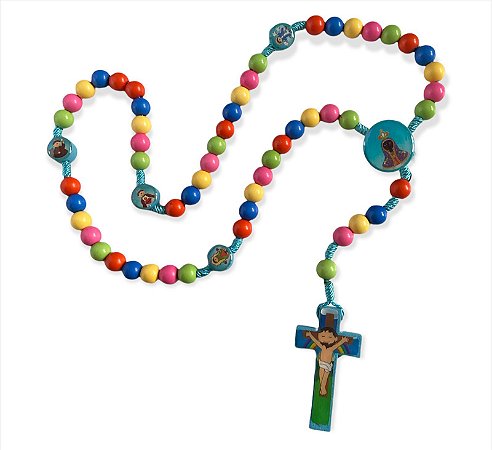 Terço Infantil Colorido Contas Com Santos 36cm