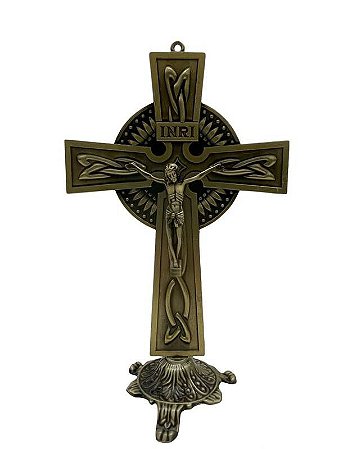Crucifixo De Mesa Metal Ouro Velho 20cm