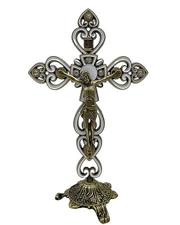 Crucifixo De Mesa Metal Com Perola 20cm