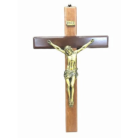 Crucifixo Parede Cruz Madeira Cristo Bronze 17cm
