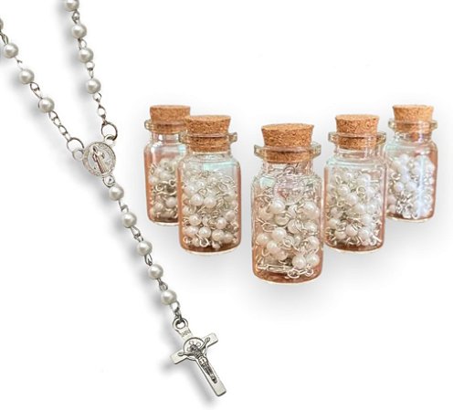 Terço Garrafinha São Bento Medalhas Perola Branca