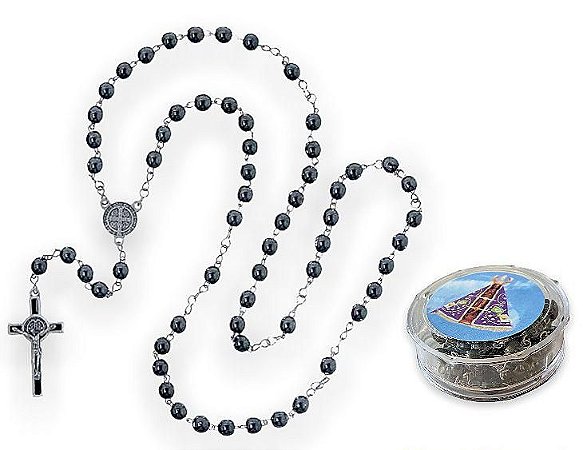 Terço Hematita São Bento Com Caixa N Senhora Aparecida 49cm