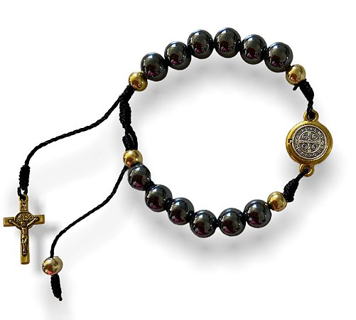 Pulseira Hematita Medalha de São Bento Regulável Cruz