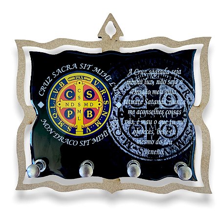 Porta Chave Medalha De Sao Bento Com Oração Madeira Resinada