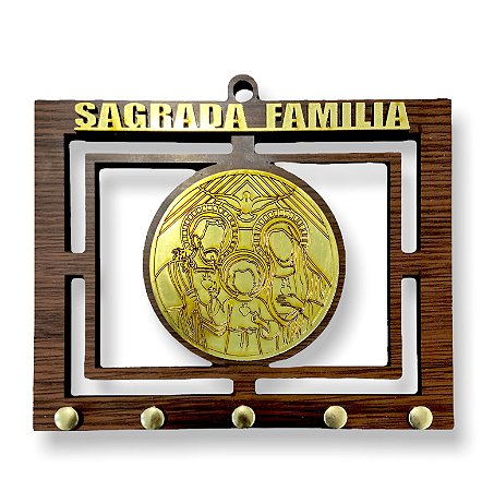 Porta Chave Sagrada Familia Estilizado Dourado Madeira