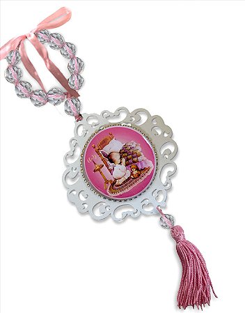Medalhao De Berço Anjo Da Guarda Rosa Com Oração Resinada