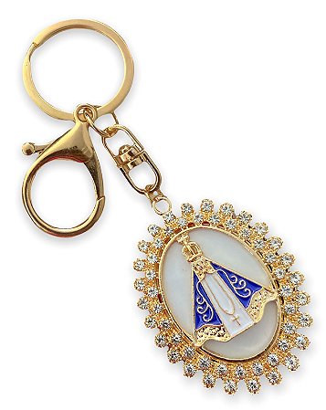 Chaveiro Nossa Senhora Aparecida Strass Dourado Mosquetao