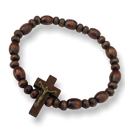 12 Pulseiras Madeira Imbuia Cruz Com Cristo Elastico