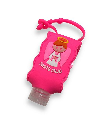 Chaveiro Bebe Anjo da Guarda Rosa Suporte Alcool Gel