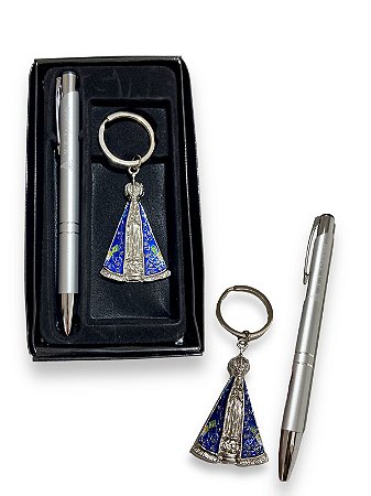 Kit Chaveiro e Caneta Nossa Senhora Aparecida Prata