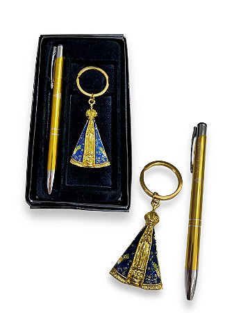 Kit Chaveiro e Caneta Nossa Senhora Aparecida Dourada