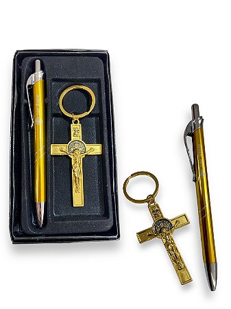 Kit Chaveiro e Caneta Crucifixo Com Cristo Dourada Com Caixa