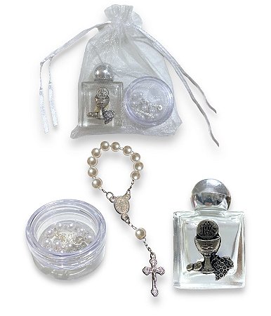 Kit Eucaristia Lembrança Terço Dezena e Porta Agua Benta