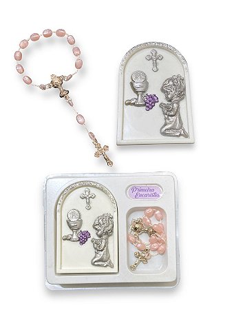 Lembranca Primeira Eucaristia Menina Kit Terço e Pedestal