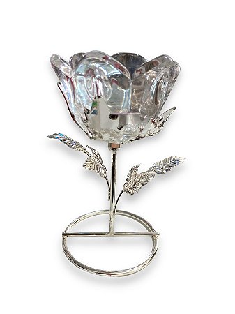 Castiçal Metal Com Flor Vidro Transparente 13cm