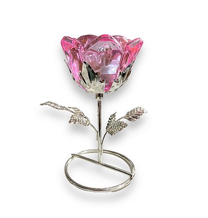 Castiçal Metal Com Flor Vidro Rosa 13cm