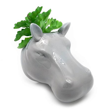 Vaso de Parede Cachepot Hipopótamo Cinza Cerâmica