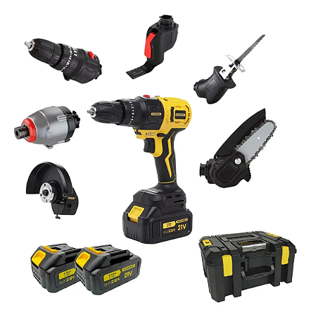 Kit 6 Em 1 Furadeira Parafusadeira Motoserra Multifuncional Cor Amarelo BOM-9712