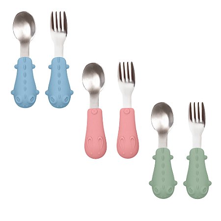Kit Talher Em Inox Com Cabo Em Silicone Bebê Buba