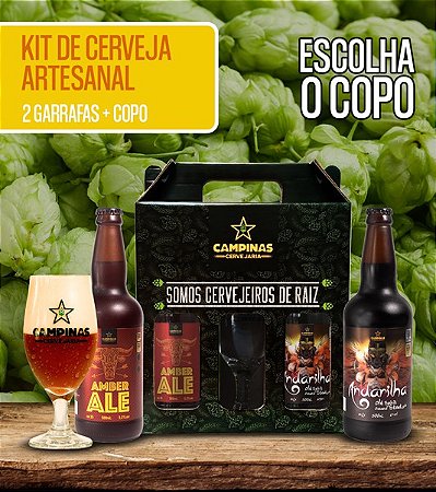 Kit de Cerveja artesanal com Amber Ale 500ml + Andarilha Stout 500ml + Copo à sua escolha