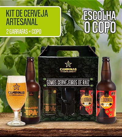 Kit de Cerveja artesanal - CAMPINAS Forasteira IPA 500ml + CAMPINAS Eldorado Punch IPA 500ml + Copo à sua escolha