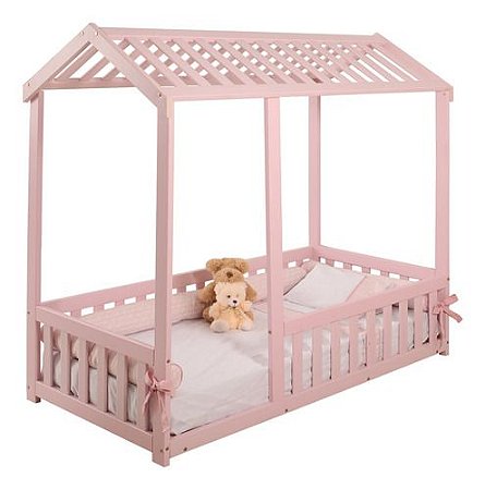 Cama Infantil Montessoriano Com Grade Bruna Rosa + Colchão