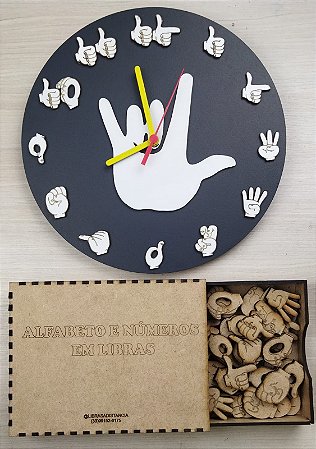 Relógio I Love You Libras de Parede ou de Mesa em MDF em Alto Relevo de 27cm. (COR PRETO) + Estojo Alfabeto e Números em Libras com 72 peças