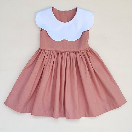 Vestido Vitória Bege com Gola Nuvem Branca