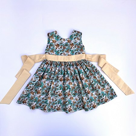 Vestido Vitória florido cavado e decote nas costa e cinto bege