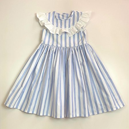 VESTIDO VITÓRIA BRANCO COM LISTRA AZUL CAVADO E BABADO BRANCO NA PALA