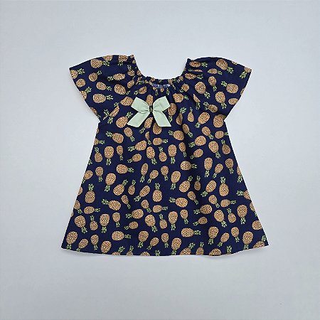 VESTIDO CAROL AZUL MARINHO COM ESTAMPA DE ABACAXI