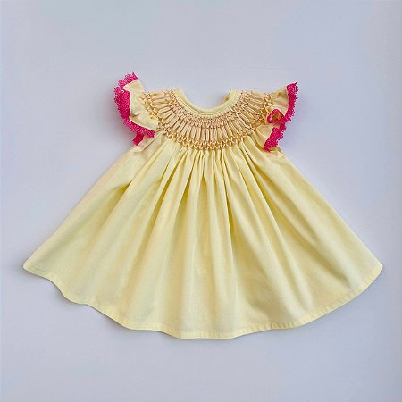 VESTIDO CASINHA DE ABELHA AMARELO COM RENDA ROSA