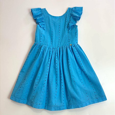 VESTIDO DE LAISE COM RECORTE E BABADO E CINTO - AZUL