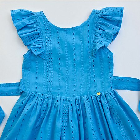 VESTIDO DE LAISE COM RECORTE E BABADO E CINTO - AZUL