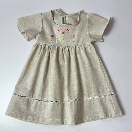VESTIDOS LUANA LINHO MANGA CURTA BORDADO CORPINHO - CRU