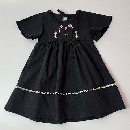 VESTIDOS LUANA LINHO MANGA CURTA BORDADO CORPINHO - PRETO