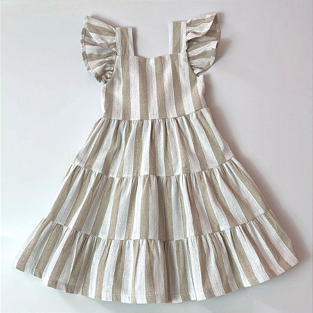 VESTIDOS PÉROLA - LISTRADO BEJE MANGA BABADO E 3 MARIAS