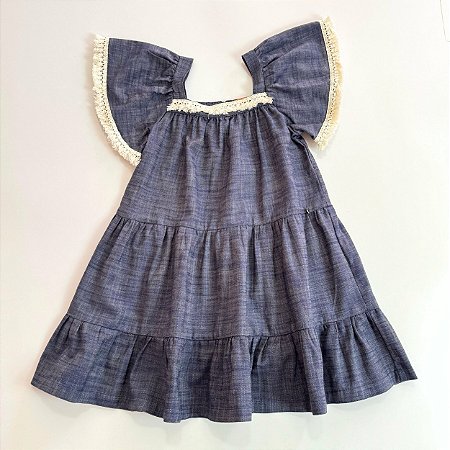 VESTIDO FRANZIDO INDIGO DUAS MARIAS DECOTE QUADRADO RENDAS AZUL ESCURO