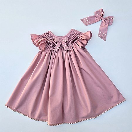 VESTIDO CASINHA DE ABELHA ROSE FECHADO COM PÉROLAS E LAÇO